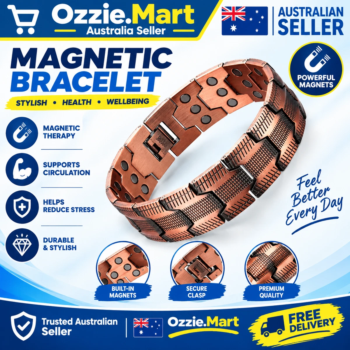 3X Pure Copper Magnetic Therapy Bracelet Arthritis Pain Relief Men Healing AU