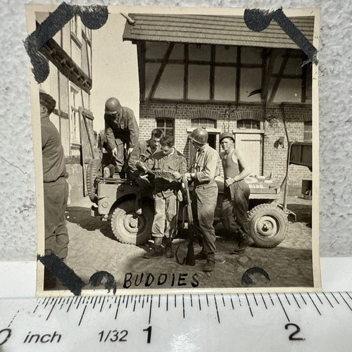 Vintage Snapshot Photo US Soldier Reading Paper Celebrating Defeating Nazis WWII