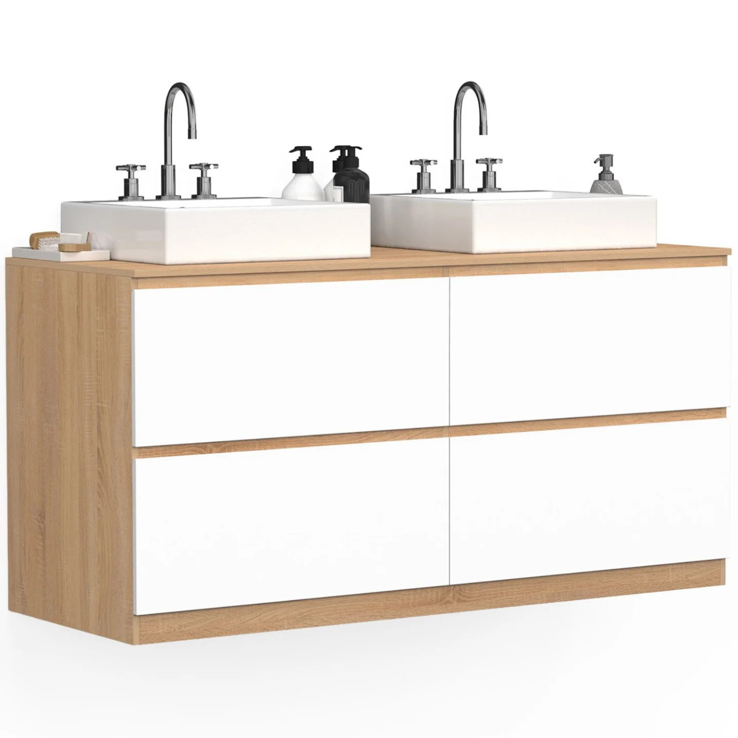 Meuble de salle de bain suspendu TOMI 120 cm double vasque 4 tiroirs bois hêtre