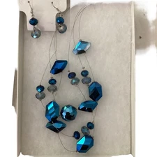 Charming Charlie’s Blue Faceted Beaded Necklace With Earrings Boho Chic New