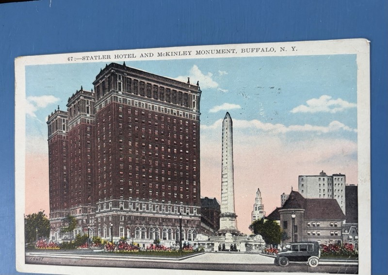 Statler Hotel Buffalo NY Postcard ~ McKinley Monument - Street View, Old Cars