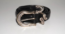 Vintage Brighton Black Leather Belt with Ornate Silver Scroll Buckle, Size L