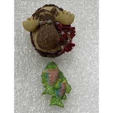 Moose in Scarf with Fish Tie Tack, 1.75" x 0.75"