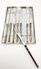 Set 8 NEW Vintage MCM Fondue Forks Wood Handles 2 Prong Stainless Steel Japan