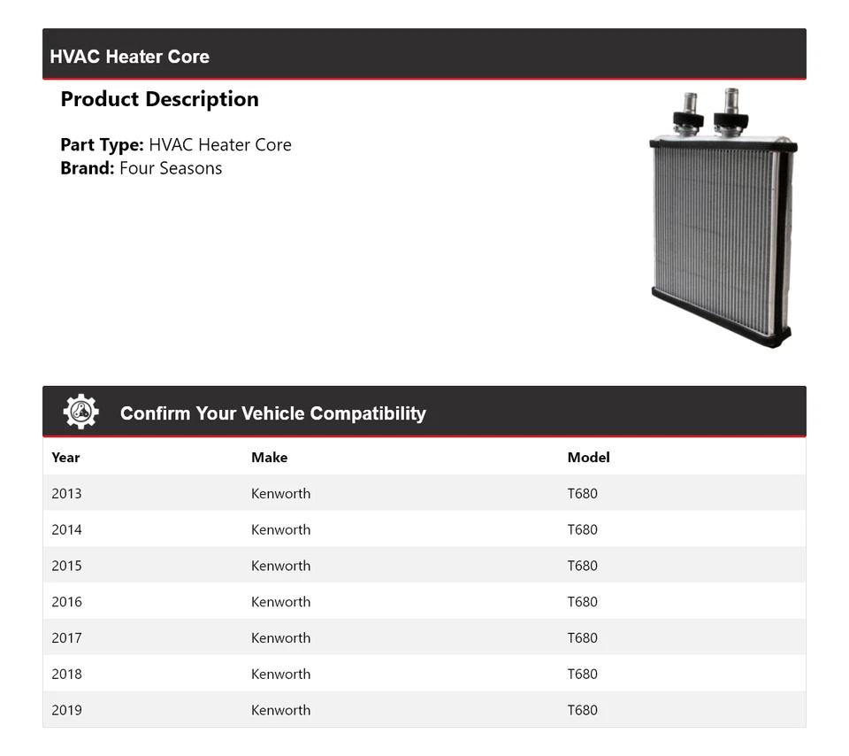 Núcleo de calefacción de climatización Kenworth T680 2013-2019 4 estaciones 2014 2015 2016 2017 2018 Foto 2 de 3