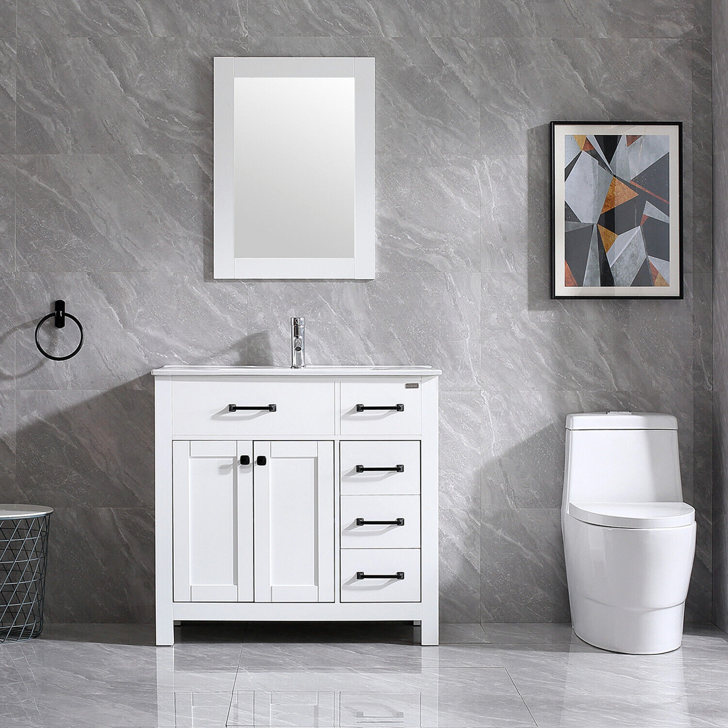 36" Bathroom Vanity Cabinet Ceramic Sink Undermount W/Faucet Drain Mirror White
