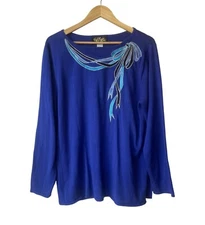 Bob Mackie Wearable Art Bow Embroidered Top Size L Artsy Long Sleeve Tee