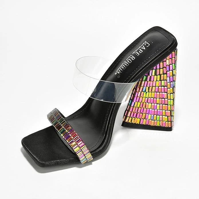 Tacones gruesos sin cordones Cape Robbin Milus para mujer, punta cuadrada estrás, negros, 8 Foto 4 de 4