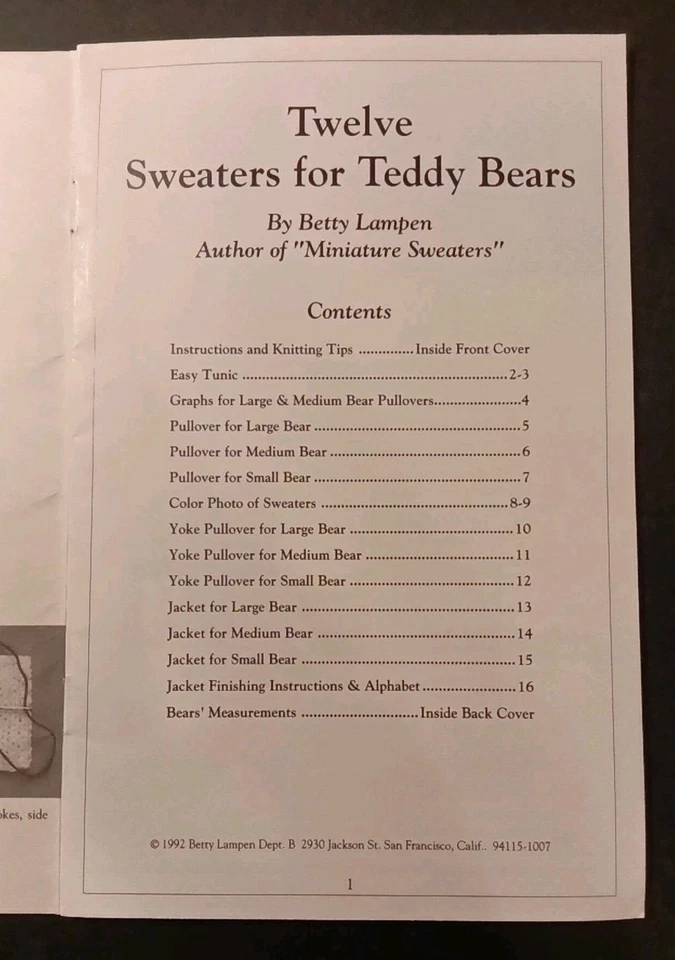 Sweaters for Teddy Bears Book 1 by Betty Lampen 1992 Knitting Patterns Book - Image 3 of 3