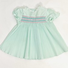 Vintage Baby Dress 12mo Smocked Accordion Pleats Mint Green Pink Blue USA