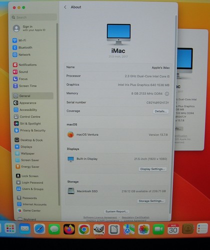 Apple iMac A1418 21.5in 2.3 i5 New Kingston 240 GB SSD 8GB RAM 2017 Ventura - Picture 4 of 11