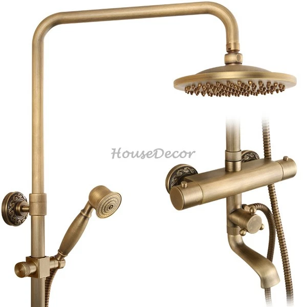 Copper Antique Thermostatic Round Rain Shower Head Set Household Bath Tub Taps