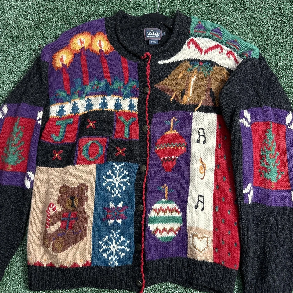 Suéter Woolrich Mujer Grande Gris Multi Navidad Feo Cárdigan Tejido a Mano Oso Foto 3 de 4