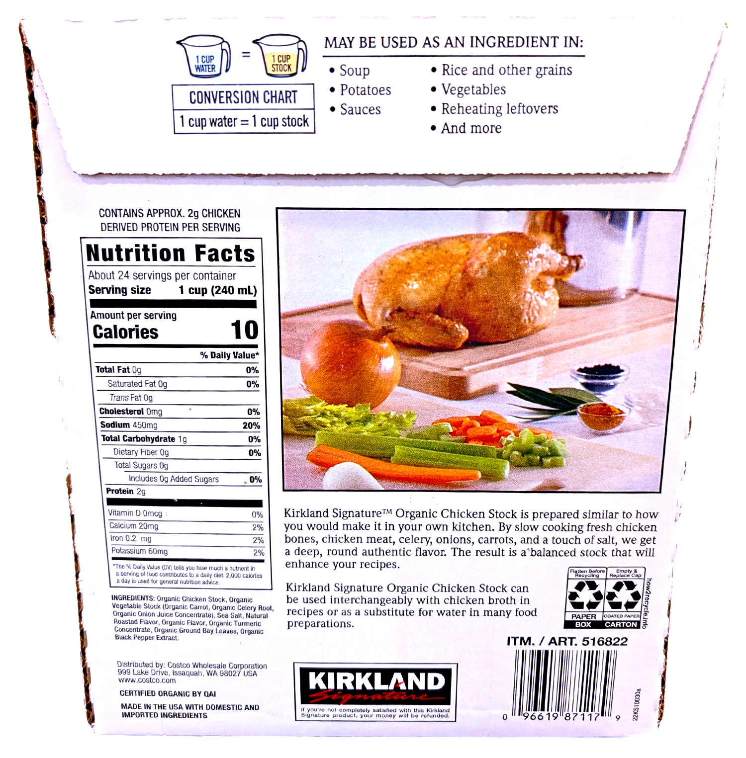 Kirkland Signature Organic Soup Stock Chicken 6 Count x 32 Fl Oz EXP 09/2026