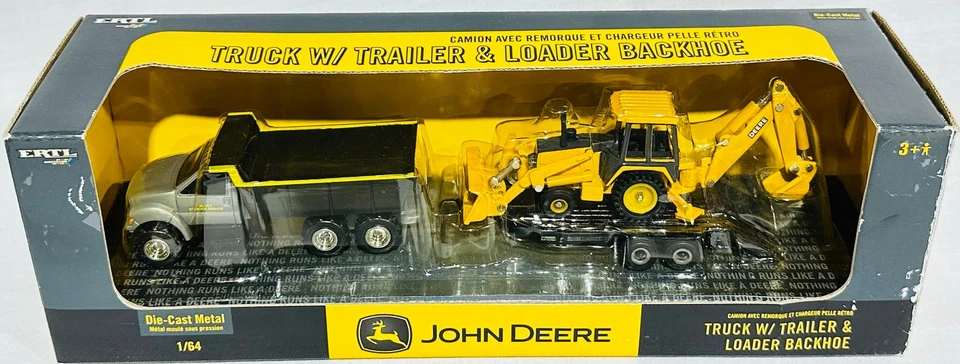 John Deere Dump Truck with Backhoe & Loader Trailer Set By Ertl 1/64th Scale - Image 2 of 4