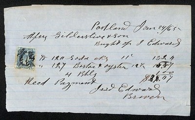 1865 Connecticut Shipbuilder Gildersleeve* Receipt for Soda / Oyster Crackers