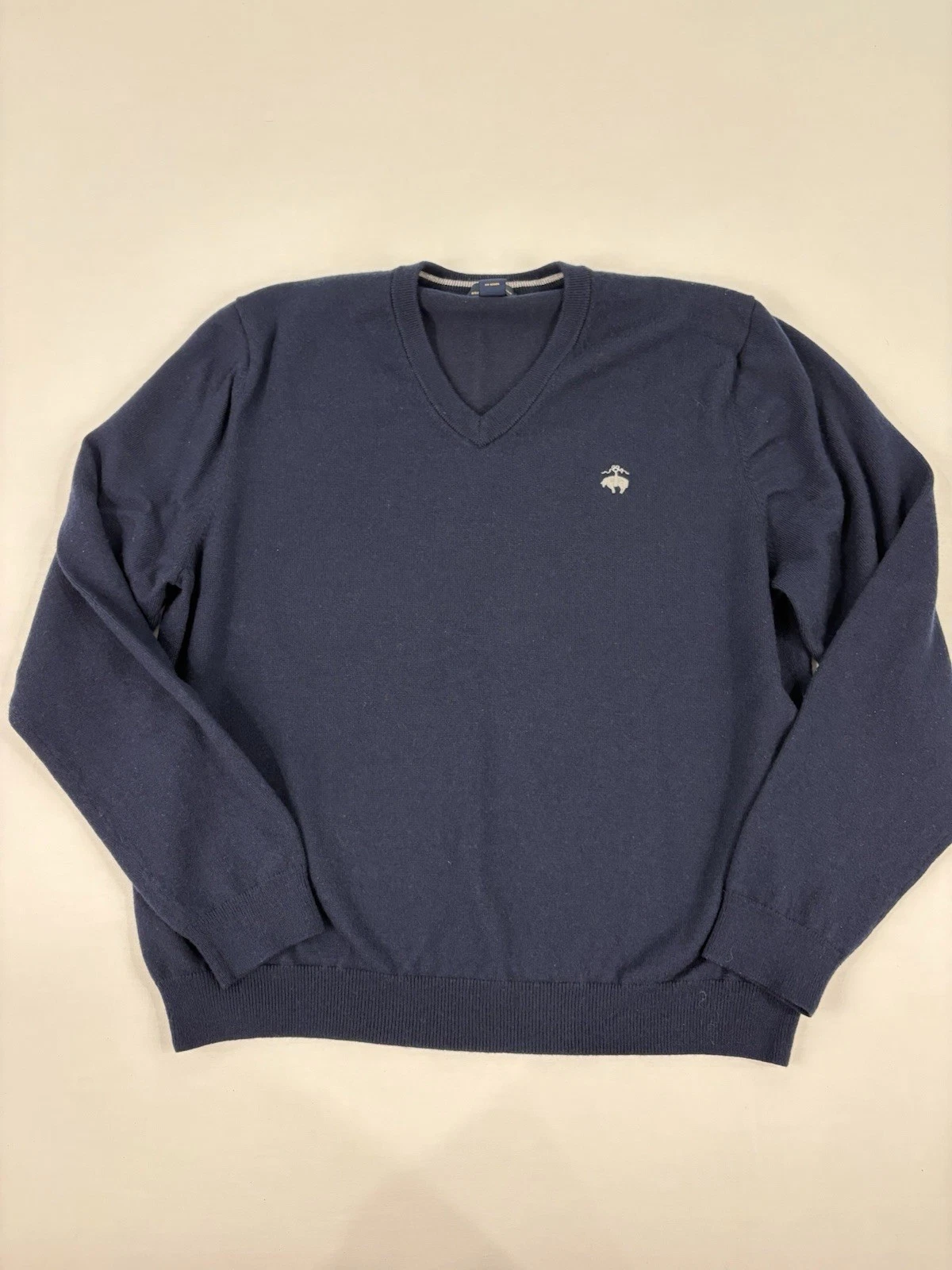 Brooks Brothers Sweater Mens Med Large Navy Blue Merino Wool Blend V Neck Logo