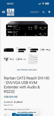Raritan HD DVI KVM Switch Box RJ-45 USB-B Black C5R-DVI-HD-TX RX Kit