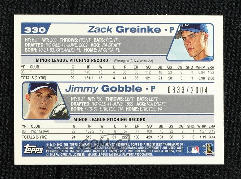 2004 Topps Future Stars Gold 833/2004 Zack Greinke Jimmy Gobble #330 - Image 2 of 3