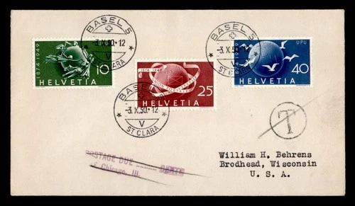 DR WHO 1950 SWITZERLAND FDC UPU 75TH ANIV COMBO POSTAGE DUE M69368