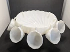 Hazel Atlas Vtg. Milk Glass Colonial Swirl Pattern Punch Bowl W/ 7 Hanging Cups