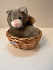 Vintage Dakin Gray Kitten Ticket Gasket in a basket Plush Stuffed 5  Wide