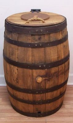 Old Whiskey Barrel Trash Can With Double Hinged Lid & Liner