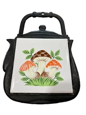 Vintage 1970s Trivet Cast Iron Tile Tea Kettle Pot MCM Mushroom Design Kitsch