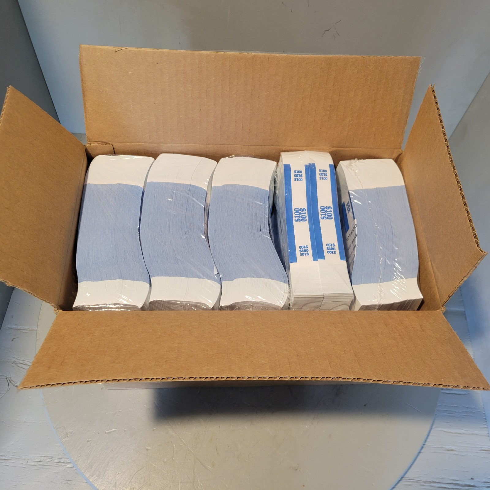 Box of 20 $100 Currency Straps/Bands, (1000 Ct/Unit), Self-Adhesive, Blue