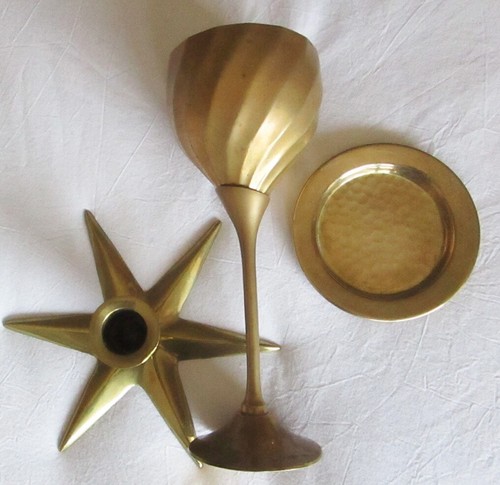 Lot 3 Brass Star-shaped 6" Candle Holder + 8" Tall Chalice + 4" Pounded Plate