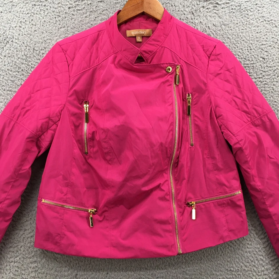 Ellen Tracy Asymmetrical Full Zip Quilted Jacket Womens M Pink Zipped Pockets - Image 2 of 4