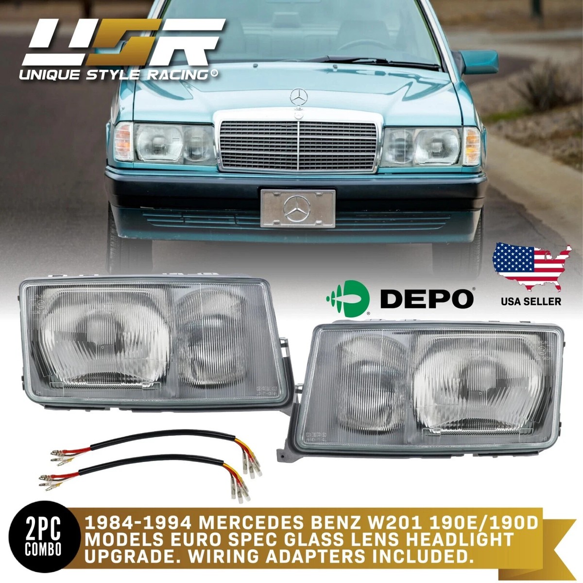 USA DEPO 84-94 Mercedes Benz W201 Euro Glass Headlight Lamp Pair+