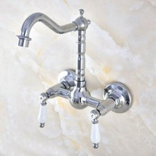 Polished Chrome Bathroom Basin Sink Faucet Dual Handles Mixer Tap Wall Mount