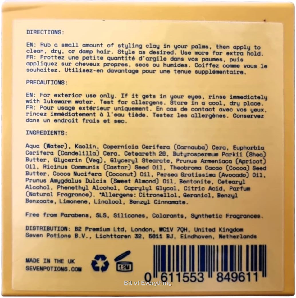 Seven Potions Men's Hair Styling Clay — Natural, WaterBased, Matte