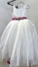 Flower Girl Ivory Dress Size 4 - Full Tulle Skirt with Rose Bling Satin Sash