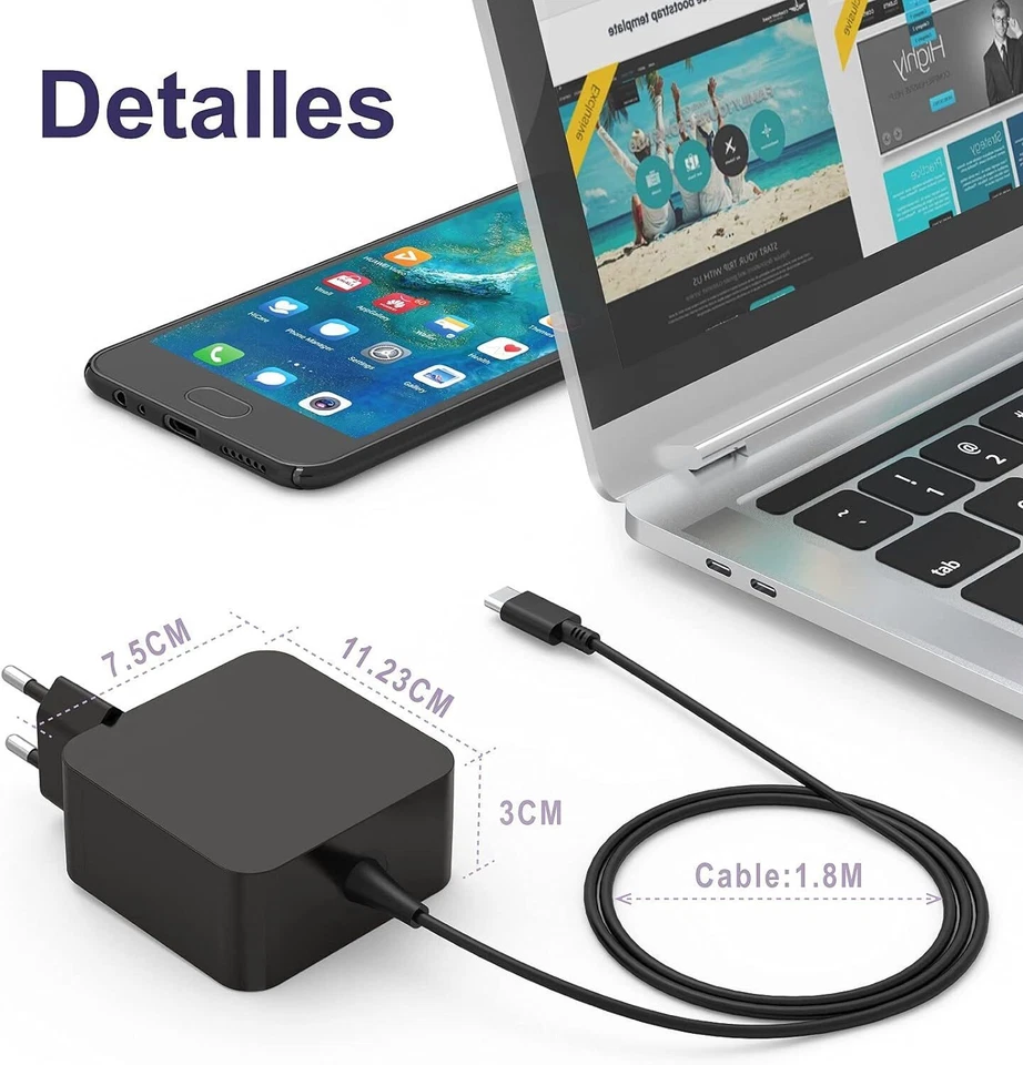 65 watt USB-C Ladegerät Laptop Netzteil für Dell HP Lenovo Chromebook YOGA XPS - Bild 3 von 4