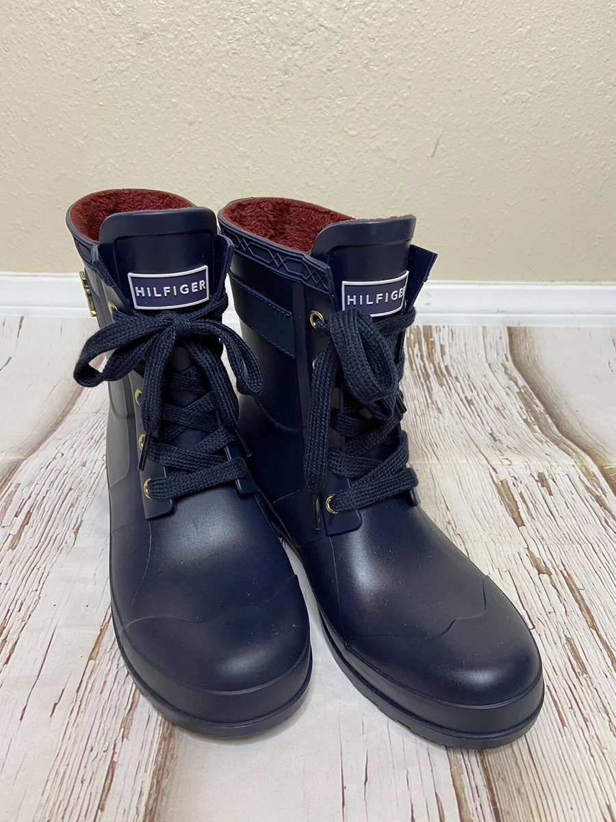 Tommy Hilfiger women Rain Boots Navy Blue Gold Size 7 Lace Up | eBay