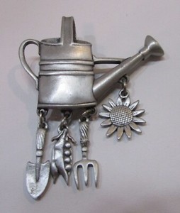 Vintage JJ Jonette Jewelry Water Can Garden Tool Pewter Brooch 3" Pin Sunflower