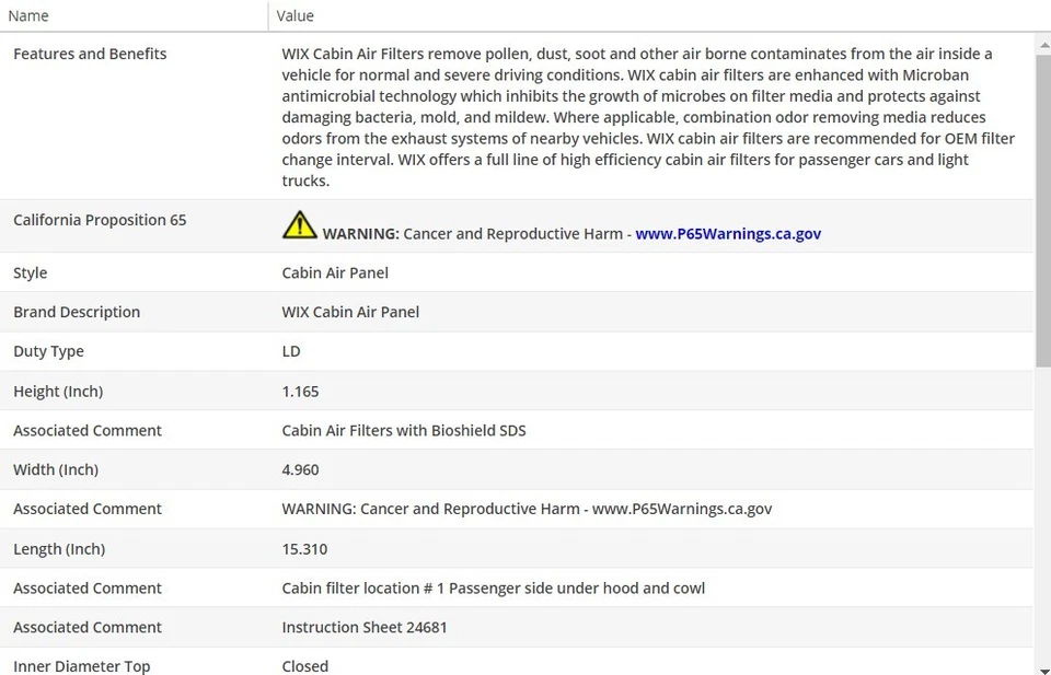 WIX Cabin Air Filter For SAAB 900 1994-1997 V6-2.5L - Imagem 3 de 4
