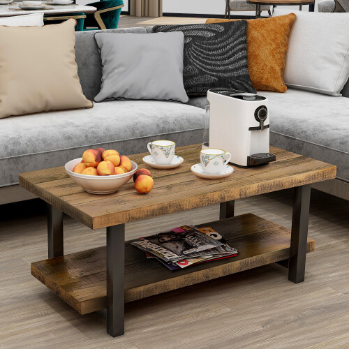 Coffee Table Wooden Cocktail Rustic Brown Solid Wood Home Living Room Furniture For Sale Online Ebay