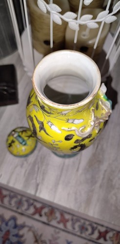 19th Chinese yellow ground enamel famille rose gilt Dragon Small vase Urn Style - Picture 18 of 24