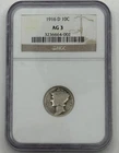 1916-D Mercury Dime,  NGC AG3, Key Date, 10c, Original Silver Collector Coin.