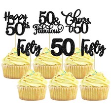 30 Pack Happy 50th Birthday Cupcake Toppers - Black Glitter Fifty Cheers to 5