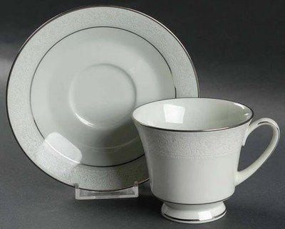 Three (3) Sets NORITAKE Promise Me Green Footed Tea Cups & Saucers EUC