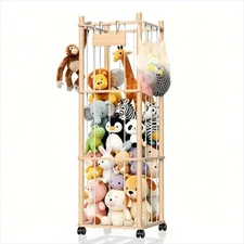 Stuffed Animal Storage & Holder, Natural Pine Wood Plushies Storage with Whee...