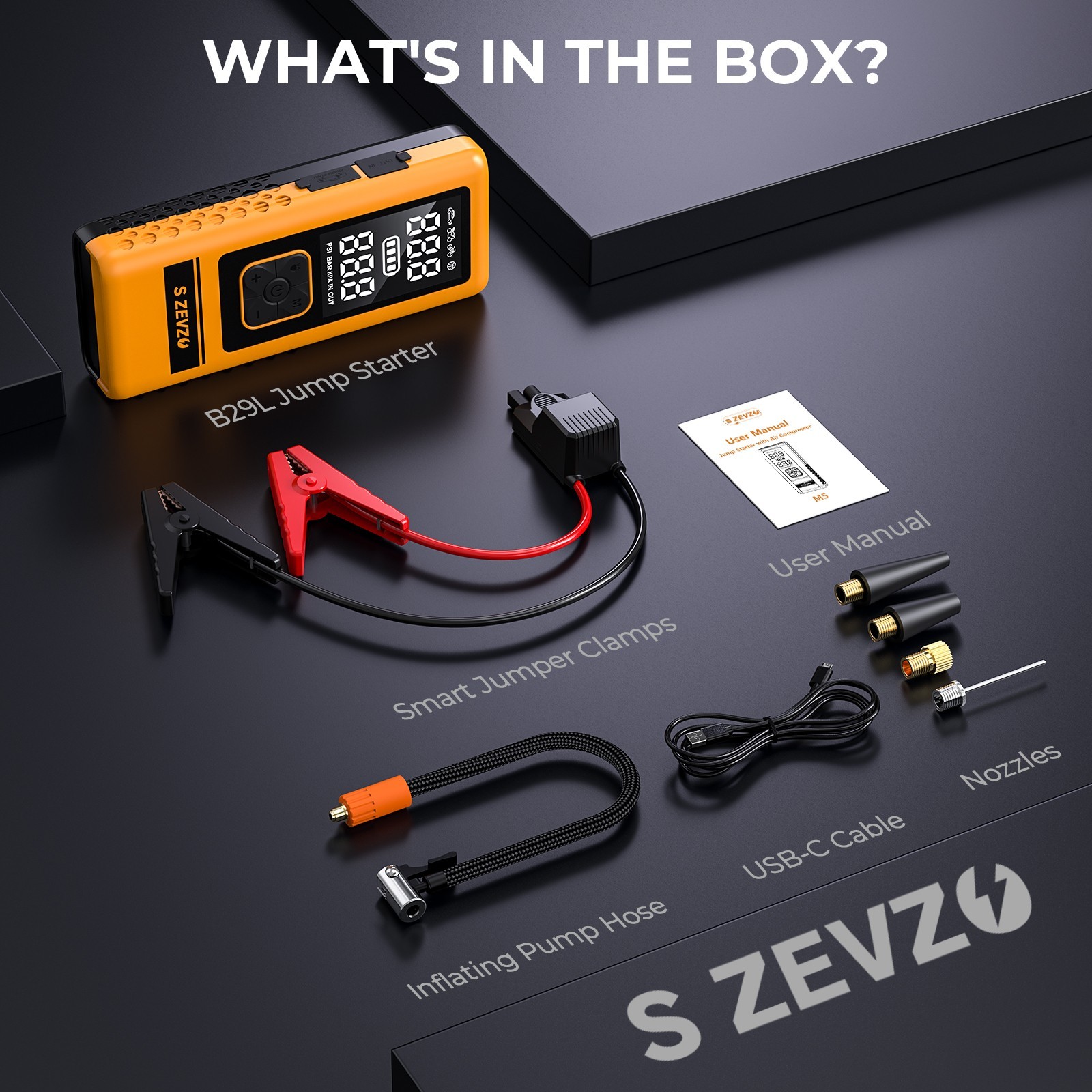 S ZEVZO Portable Car Jump Starter with Air Compressor 3500A 150 PSI Jumper Box