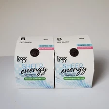 Lot 2 Pair Leggs Size B Sheer Energy No Roll Waistband Control Top Off Black *