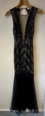 Love Triangle Size 8 Black Long Lace Evening Dress, Classy Slinky Party Deep V