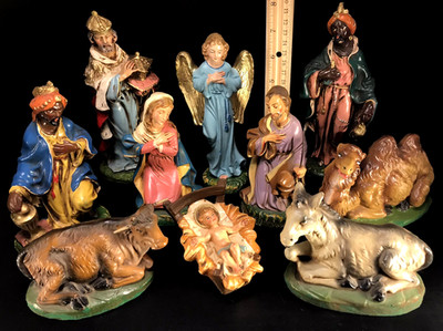 VINTAGE PAPER MACHE NATIVITY ITALY 8'' - HOLY FAMILY KINGS ANIMALS ANGEL 10pc EUC