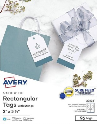 Printable Tags Rectangle 2x3.5in w/Strings Print-to-the-Edge TwoSided96/PK 5EA
